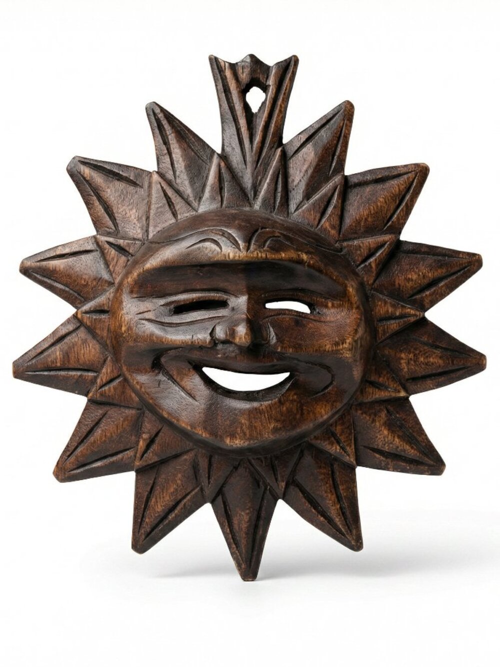 Vintage Hand-Carved Teak Wood Happy Sun Face - Aztec Folk Art Boho Decor
